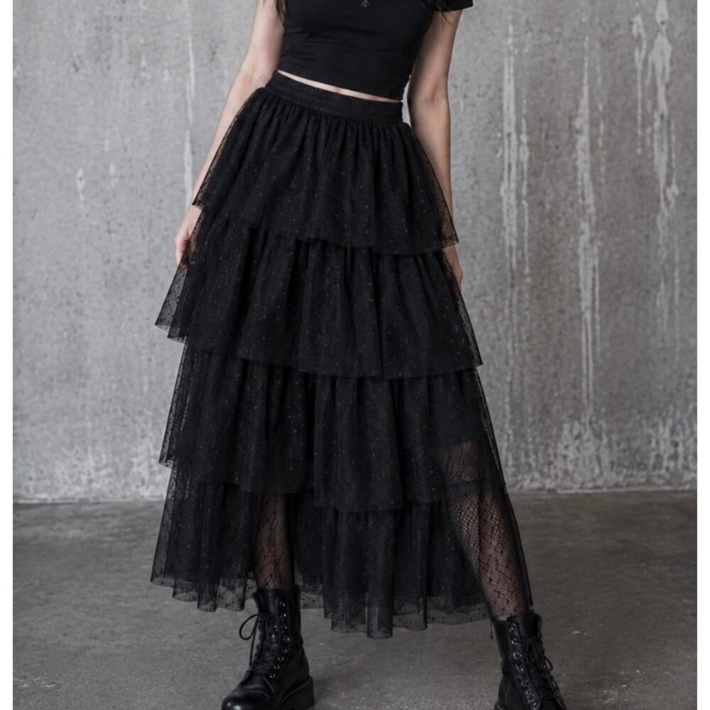 Endless Rose Black Tiered Tulle Midi Skirt Polka Dot Mesh Layered Skirt Size M